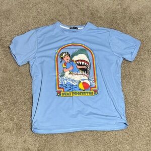 ROMWE “Stay Positive” Shark Attack T-Shirt Light Blue - L